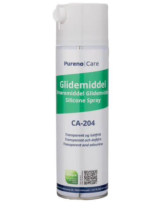 Pureno Care Glidemiddel silikonespray, CA-204, transparent og lugtfri, i hvid dåse med grøn etiket.