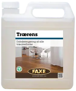 FAXE trærens, 5-liters plastdunk, til dybderengøring af alle træoverflader. Velegnet til gulve og møbler. Med bærehåndtag og miljømærke.