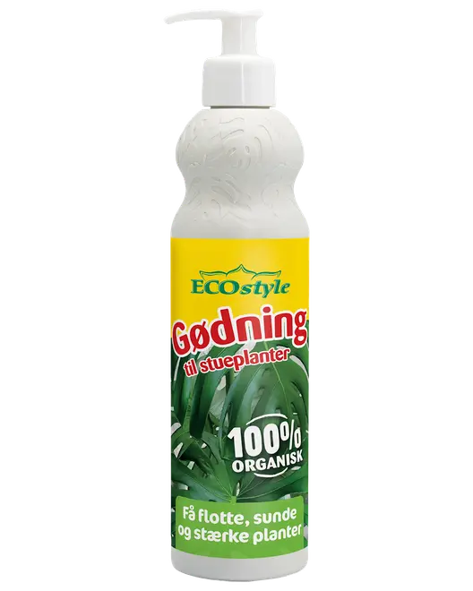 Hvid pumpflaske med ECOstyle økologisk gødning til stueplanter, gul etiket og grønne blade.