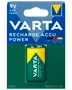 Varta 9V uppladdningsbart batteri, 200mAh kapacitet, NiMH typ. Förpackad i blå och grön blisterförpackning, klar att använda, för elektroniska enheter. Experter sedan 1887.