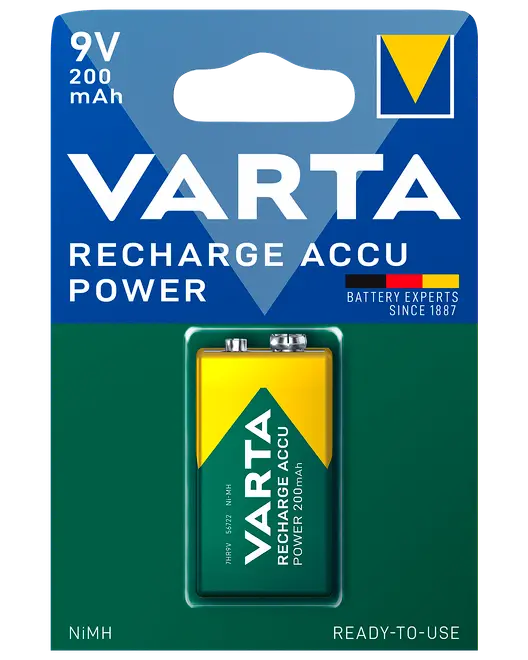 Varta 9V uppladdningsbart batteri, 200mAh kapacitet, NiMH typ. Förpackad i blå och grön blisterförpackning, klar att använda, för elektroniska enheter. Experter sedan 1887.