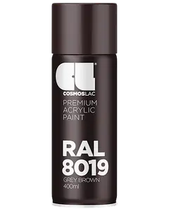 Cosmoslac spraydåse, 400 ml, premium akrylmaling i RAL 8019 gråbrun. Cylindrisk beholder med mørk brun hætte og etiket, egnet til forskellige malerprojekter.