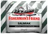 Fisherman's Friend Salmiak & Raspberry mentholpastiller, sukkerfri, 25g pose. Pink, sort og hvidstribet emballage med illustration af fiskerbåd på forsiden.