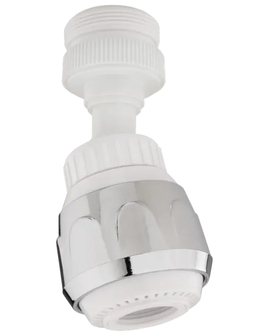 Justerbar vandhane-aerator i hvid plast og krom, passer til standardhaner. Har drejehoved til styring af vandstrøm og hjælper med at reducere vandforbrug.