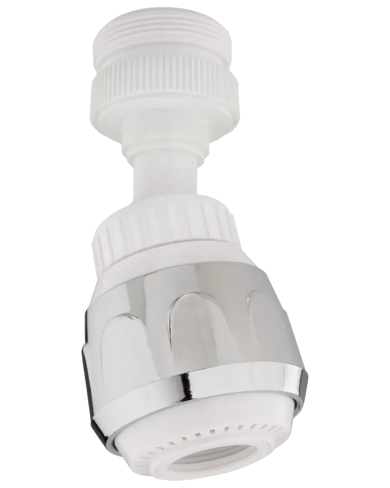 Justerbar vandhane-aerator i hvid plast og krom, passer til standardhaner. Har drejehoved til styring af vandstrøm og hjælper med at reducere vandforbrug.