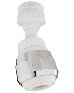 Justerbar vandhane-aerator i hvid plast og krom, passer til standardhaner. Har drejehoved til styring af vandstrøm og hjælper med at reducere vandforbrug.