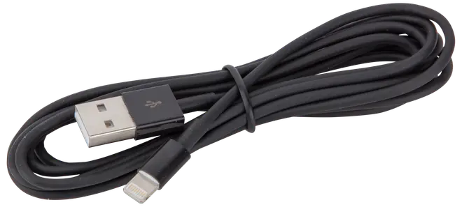 Sort USB til Lightning opladerkabel, cirka en meter langt. Har USB-A stik i den ene ende og Lightning stik i den anden. Passer til Apple-enheder.