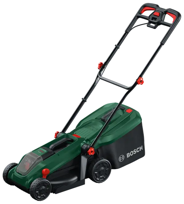 Grøn Bosch elektrisk plæneklipper med sorte og røde detaljer, ergonomisk håndtag, fire hjul og bagmonteret græsopsamler. Kompakt design til små og mellemstore græsplæner.