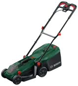 Grøn Bosch elektrisk plæneklipper med sorte og røde detaljer, ergonomisk håndtag, fire hjul og bagmonteret græsopsamler. Kompakt design til små og mellemstore græsplæner.