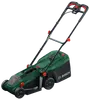 Bosch batteridrevet plæneklipper med sort og grøn krop, store baghjul, justerbart håndtag og græsopsamler bagpå. Let, nem at manøvrere, ideel til mellemstore haver.