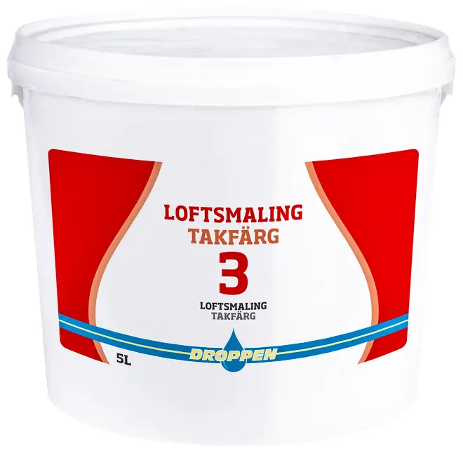 Hvid plastspand med 5 liter loftsmaling, mærket 'LOFTSMALING TAKFÄRG 3' fra Droppen, med røde og blå designelementer på forsiden.