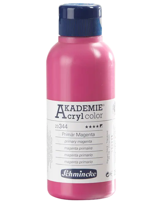 500 ml flaska Schmincke Akademie Acrylfärg i primär magenta, med blått skruvlock och vit etikett med produktinformation och färgnamn.