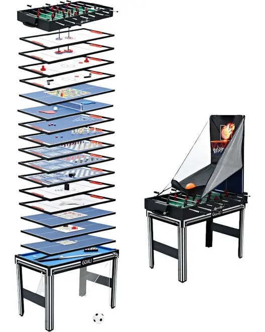 Multispilbord med udskiftelige overflader til bordfodbold, airhockey, bordtennis, basketball, skak, dam og flere spil. Robust ben, kompakt design, inkluderer tilbehør til hvert spil.