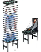 Multispilbord med udskiftelige overflader til bordfodbold, airhockey, bordtennis, basketball, skak, dam og flere spil. Robust ben, kompakt design, inkluderer tilbehør til hvert spil.