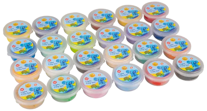 Sæt med 24 små plastikbøtter med let modellervoks i forskellige farver. Hver bøtte har låg med et elefantmotiv og produktinformation. Perfekt til kreativ leg.