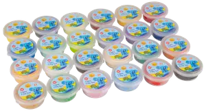 Sæt med 24 små plastikbøtter med let modellervoks i forskellige farver. Hver bøtte har låg med et elefantmotiv og produktinformation. Perfekt til kreativ leg.