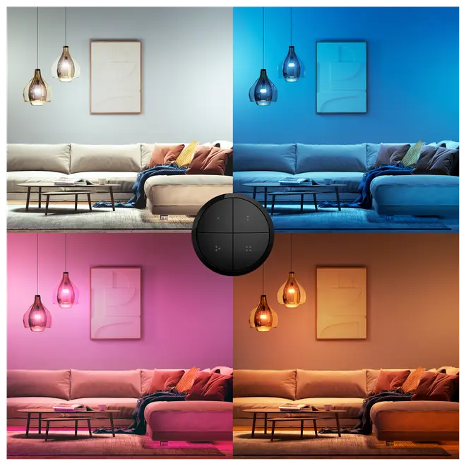Smarte pendellamper over en moderne sofa, vist i fire farvetilstande: hvid, blå, pink og varm rav. Inkluderer rund fjernbetjening til nem farvejustering.
