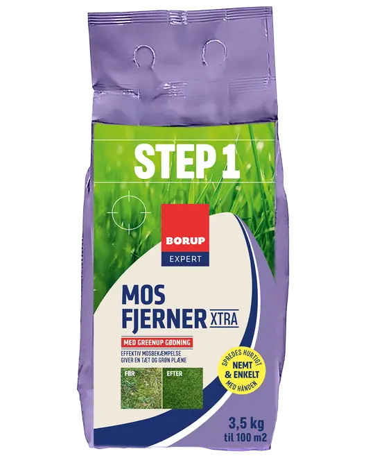 Pose med Borup Expert Mosfjerner Xtra, 3,5 kg, til 100 m². Bruges til plænepleje, fjerner mos og giver grøn græsplæne. Trin 1 i plænebehandling.