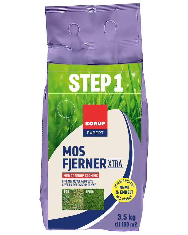 Pose med Borup Expert Mosfjerner Xtra, 3,5 kg, til 100 m². Bruges til plænepleje, fjerner mos og giver grøn græsplæne. Trin 1 i plænebehandling.