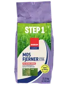 Pose med Borup Expert Mosfjerner Xtra, 3,5 kg, til 100 m². Bruges til plænepleje, fjerner mos og giver grøn græsplæne. Trin 1 i plænebehandling.