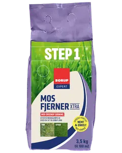 Pose med Borup Expert Mosfjerner Xtra, 3,5 kg, til 100 m². Bruges til plænepleje, fjerner mos og giver grøn græsplæne. Trin 1 i plænebehandling.