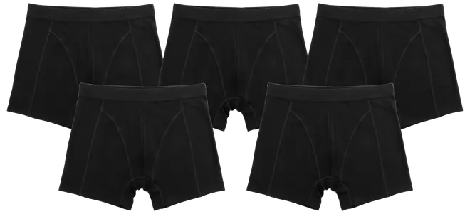 Sæt med fem sorte herre boxershorts, tætsiddende pasform, mellemhøj talje og forstærkede syninger. Fremstillet af blødt, strækbart materiale for komfort og daglig brug.