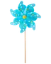 Blå plastikvindmølle med flerfarvede prikker, monteret på en træpind. Har otte buede blade og en gul midte, velegnet til udendørs dekoration eller børns leg.