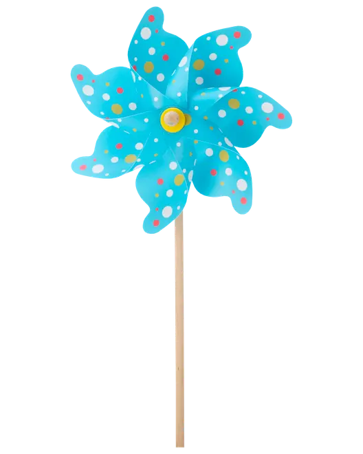 Blå plastikvindmølle med flerfarvede prikker, monteret på en træpind. Har otte buede blade og en gul midte, velegnet til udendørs dekoration eller børns leg.