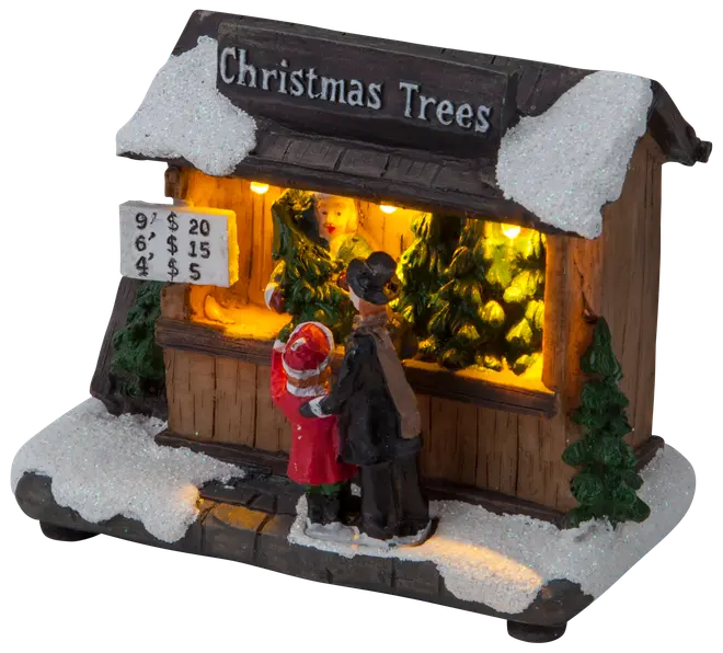 Miniatyr julgransstånd med snötäckt tak, belyst interiör, prisskylt och två figurer som handlar. Detaljerad, handmålad, perfekt för julby eller dekoration.
