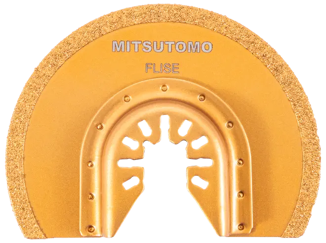 Halvcirkelformat guld oscillationssågblad med diamantbelagd kant, märkt 'Mitsutomo Flise'. För kakelskärning, passar multiverktyg, har öppet centrum för montering.