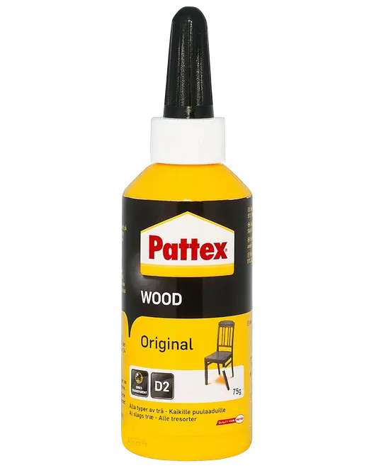 Pattex Wood Original trælim, 75g flaske med spids applikator, egnet til alle trætyper. Sort og gul emballage med produktinformation og illustration af stol.