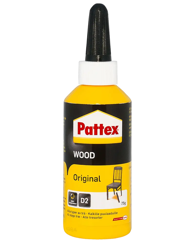Pattex Wood Original trælim, 75g flaske med spids applikator, egnet til alle trætyper. Sort og gul emballage med produktinformation og illustration af stol.