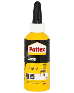Pattex Wood Original trælim, 75g flaske med spids applikator, egnet til alle trætyper. Sort og gul emballage med produktinformation og illustration af stol.