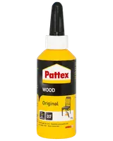 Pattex Wood Original trælim, 75g flaske med spids applikator, egnet til alle trætyper. Sort og gul emballage med produktinformation og illustration af stol.