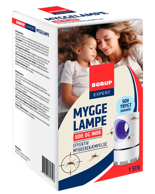 Borup Expert myggelampe til ude og inde, hvid cylinderformet lampe med blåt lys, myggeillustrationer og produktinformation på dansk. Indeholder én enhed.