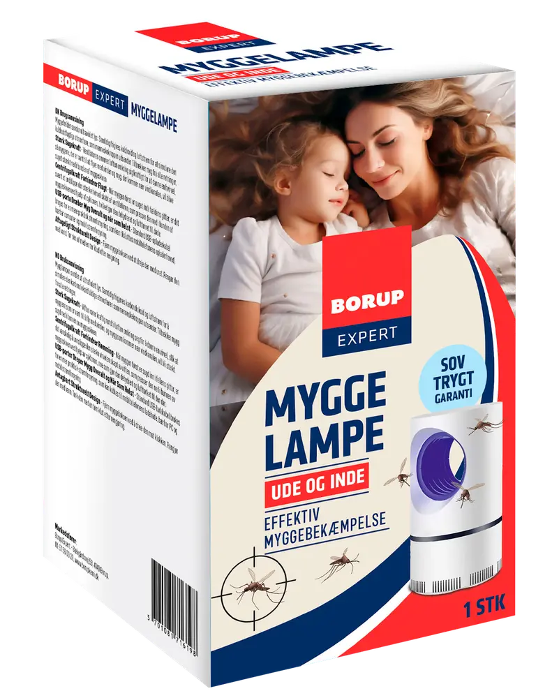 Borup Expert myggelampe til ude og inde, hvid cylinderformet lampe med blåt lys, myggeillustrationer og produktinformation på dansk. Indeholder én enhed.