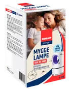 Borup Expert myggelampe til ude og inde, hvid cylinderformet lampe med blåt lys, myggeillustrationer og produktinformation på dansk. Indeholder én enhed.