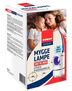 Borup Expert myggelampe til ude og inde, hvid cylinderformet lampe med blåt lys, myggeillustrationer og produktinformation på dansk. Indeholder én enhed.