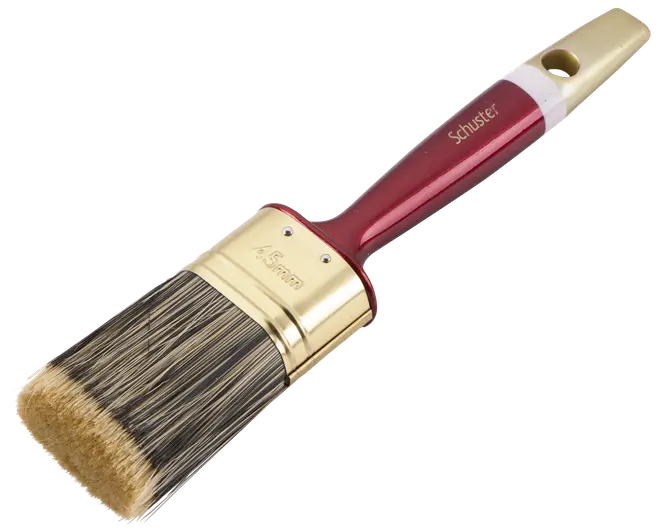 Flad malerpensel med naturbørster, guldfarvet metalbeslag og ergonomisk rød håndtag. Velegnet til maling og lakering. Håndtaget har hul til ophæng.
