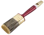 Flad malerpensel med naturbørster, guldfarvet metalbeslag og ergonomisk rød håndtag. Velegnet til maling og lakering. Håndtaget har hul til ophæng.