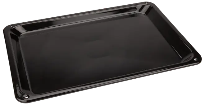 Rektangulær sort metal bageplade med hævede kanter, glat non-stick overflade, egnet til ovn. Perfekt til bagning, stegning eller grill. Holdbar og nem at rengøre.