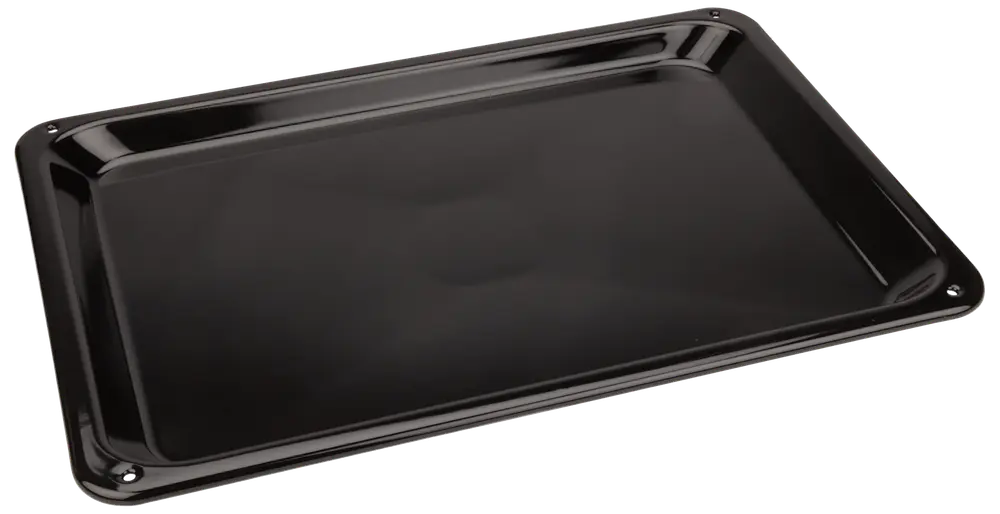 Rektangulär svart bakplåt i metall med upphöjda kanter, slät non-stick-yta, passar för ugn. Perfekt för bakning, rostning eller grillning. Hållbar och lätt att rengöra.