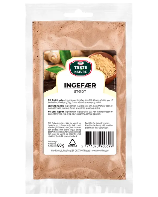 80g återförslutningsbar plastpåse med Taste Nature malen ingefära, etikett på flera språk, bild på ingefärsrot och pulver, passar för matlagning och bakning.