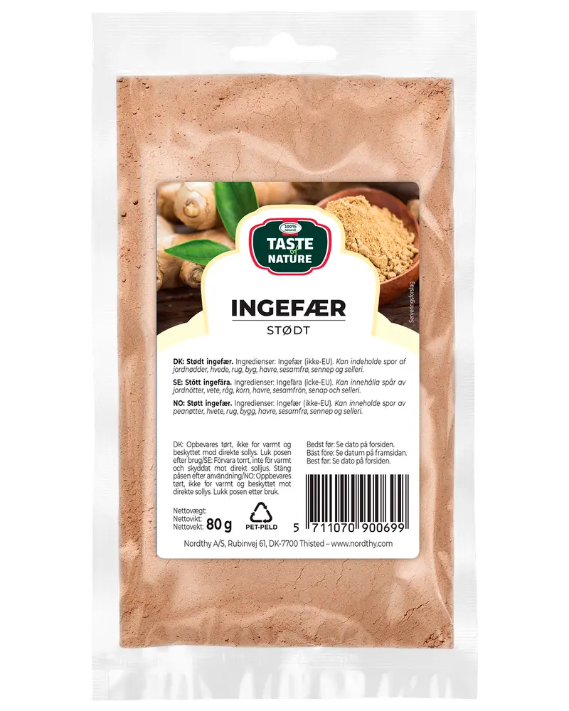80g återförslutningsbar plastpåse med Taste Nature malen ingefära, etikett på flera språk, bild på ingefärsrot och pulver, passar för matlagning och bakning.