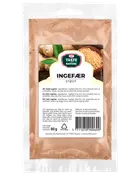 80g återförslutningsbar plastpåse med Taste Nature malen ingefära, etikett på flera språk, bild på ingefärsrot och pulver, passar för matlagning och bakning.