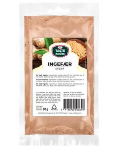 80g återförslutningsbar plastpåse med Taste Nature malen ingefära, etikett på flera språk, bild på ingefärsrot och pulver, passar för matlagning och bakning.