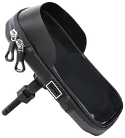 Sort vandtæt cykelstyrtaske med gennemsigtig telefonlomme, dobbelt lynlås, justerbart monteringsbeslag og reflekterende stribe. Perfekt til opbevaring og brug af telefon under cykling.