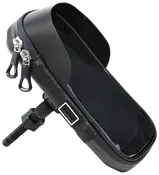 Svart vattentät cykelstyreväska med genomskinlig mobilficka, dubbla dragkedjor, justerbart fäste och reflexband. Perfekt för förvaring och mobilanvändning under cykelturen.