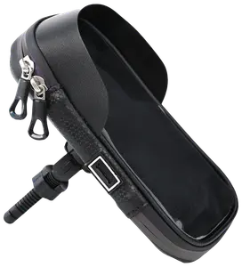 Sort vandtæt cykelstyrtaske med gennemsigtig telefonlomme, dobbelt lynlås, justerbart monteringsbeslag og reflekterende stribe. Perfekt til opbevaring og brug af telefon under cykling.