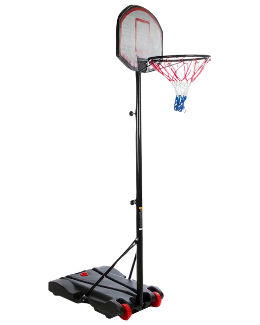 Transportabel basketballkurv med justerbar højde, klar bagplade, rød og hvid net, solid sort base med hjul for nem flytning. Velegnet til udendørs brug.